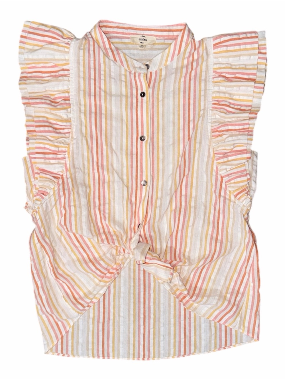 ENTRO Striped Tie-Front Ruffle Sleeve Top in Peach, Pink, Cream & Yellow